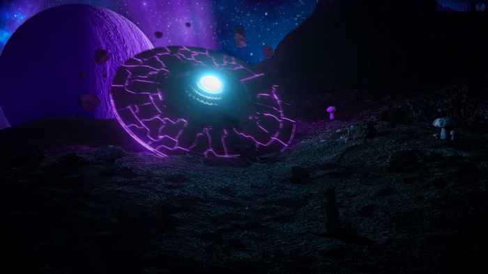 UFO on an alien planet with purple planet