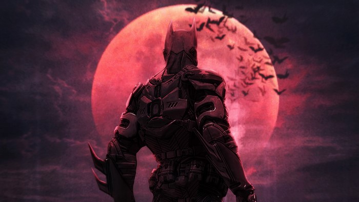 Batman in front of a red moon with bats