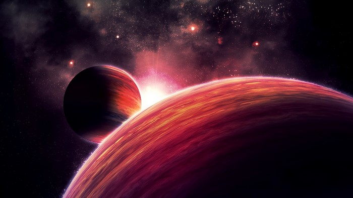 Two planets in space with a bright nebula