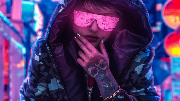 Girl in Neon Glasses and Hoodie with Owl Tattoo
