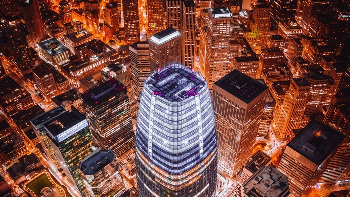 Night aerial view of San Francisco skyscrapers