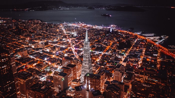 Aerial view of San Francisco skyline at night