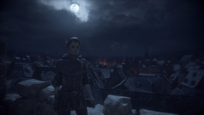 Amicia from A Plague Tale in a ruined city at night