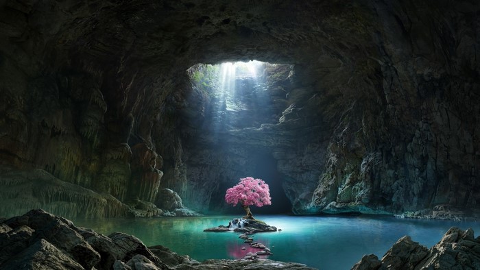 Cave lake with a pink tree and sunbeams
