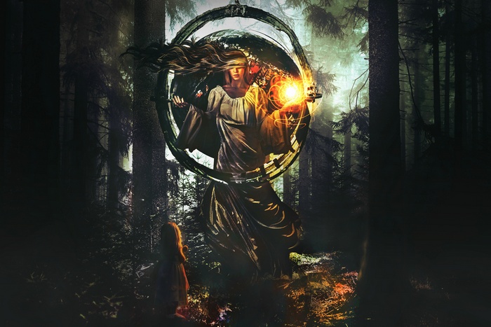 Blindfolded Woman with Orb in Forest