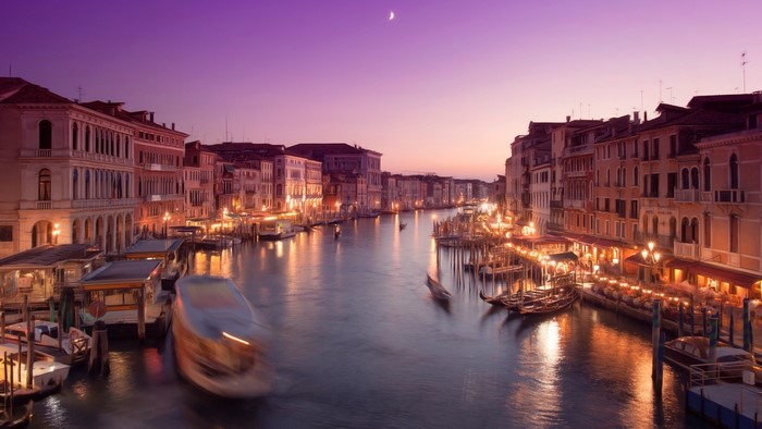 Venice Grand Canal at twilight with gondolas