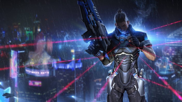 Cyber Hunter with Gun in Rainy City