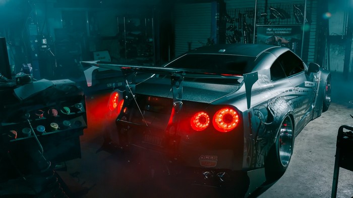 Nissan GT R R35 in a workshop
