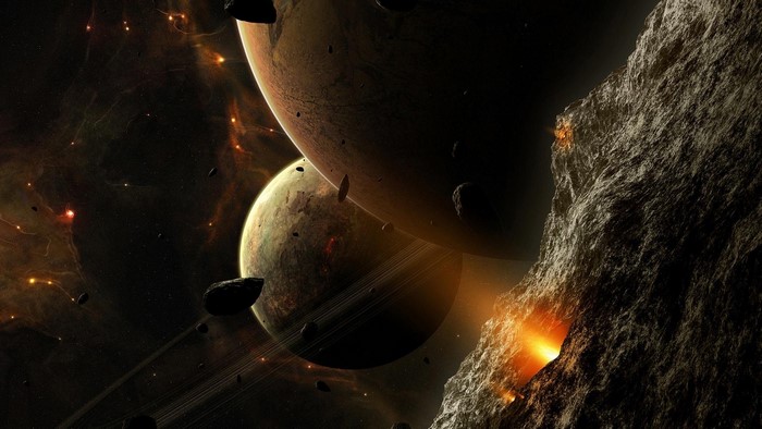 Planets and asteroid in space