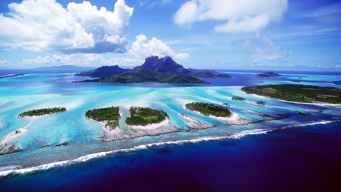 Aerial view of Bora Bora islands and turquoise lagoon