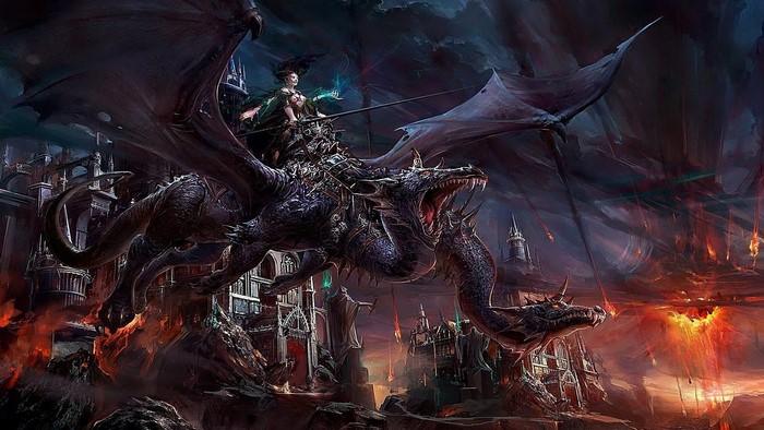A woman rides a dragon over a burning city