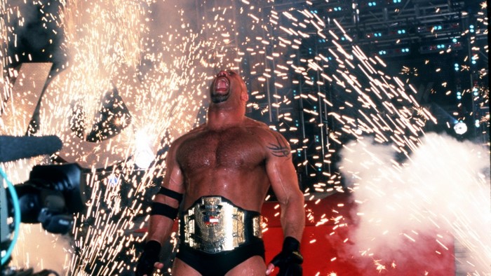 Goldberg with Championship Belt amidst Pyrotechnics