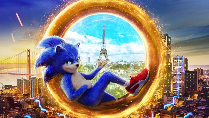Sonic the Hedgehog in a portal with Paris and San Francisco landmarks