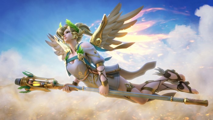 Mercy from Overwatch flying in the sky
