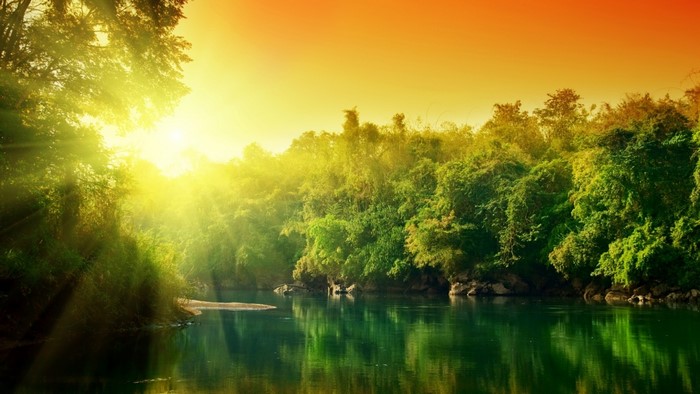 Sunrise over a river and forest