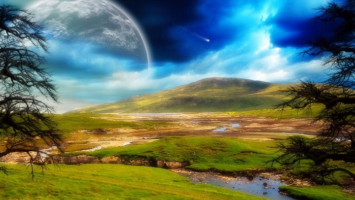 Alien landscape with a large planet in the sky