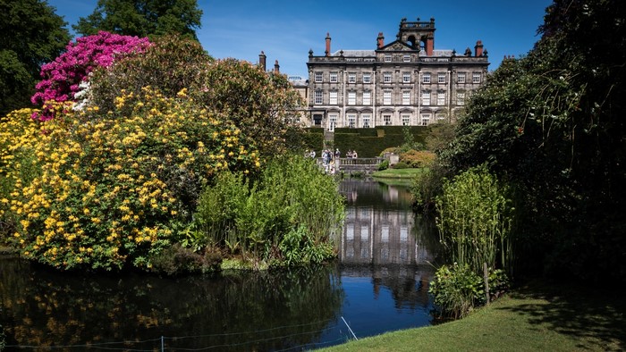 Palace garden with pond and blooming flowers