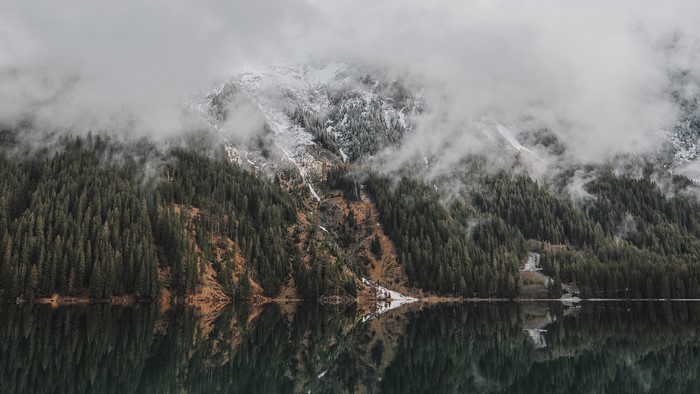 Misty Mountains and Forest Reflected in Lake