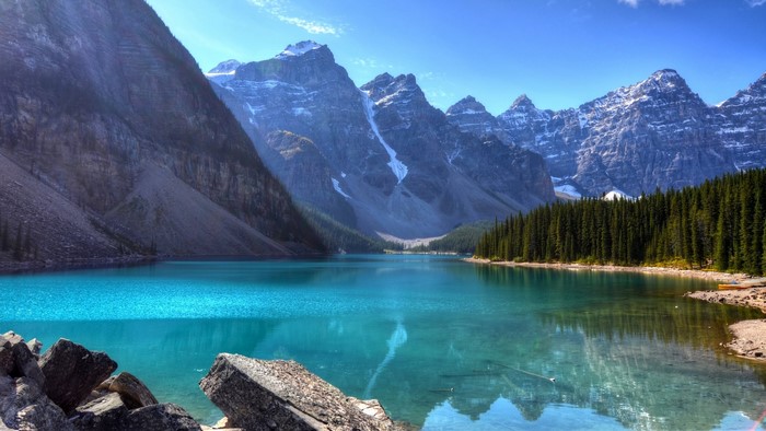 Turquoise lake and snow-capped mountains