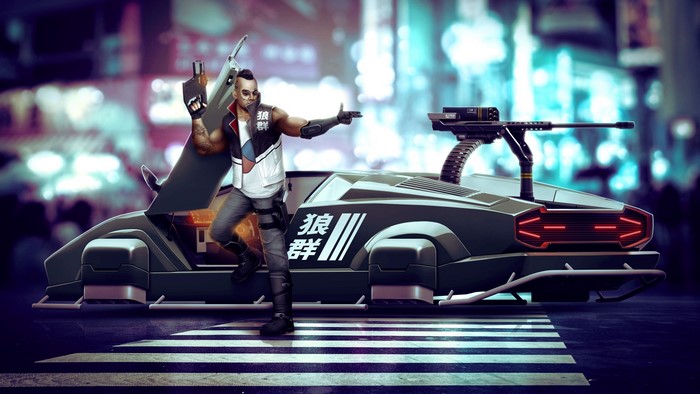 Cyberpunk Gunner with Futuristic Car