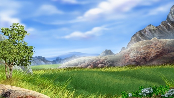 Digital painting of a mountainous landscape with a tree
