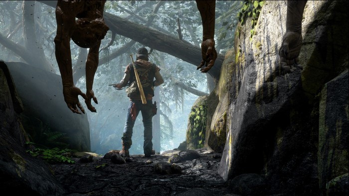 Man with baseball bat facing creatures in forest