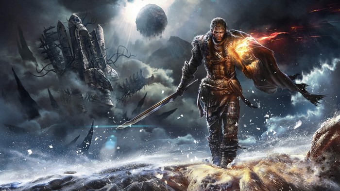 Man with sword and shield in a desolate landscape