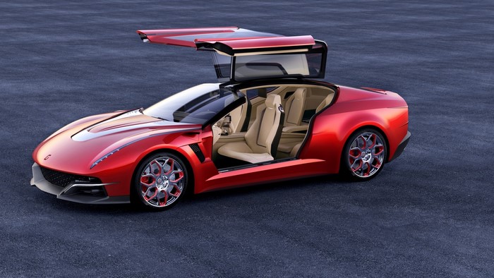 Red Giugiaro sports car with butterfly doors