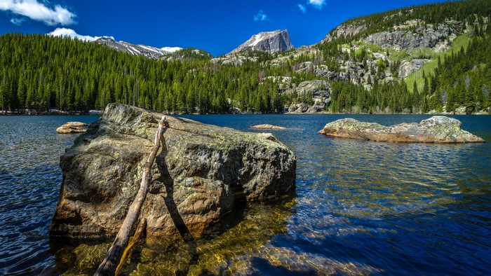 Rocky Mountains lake with large boulder and pine forest