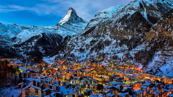 Matterhorn mountain and Zermatt village in Swiss Alps