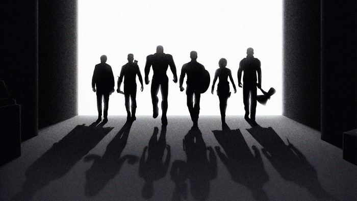 Avengers Endgame silhouettes walking towards light