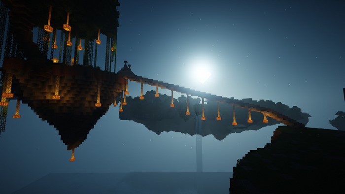 Minecraft floating islands with bridge at night