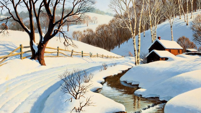 Winter scene with a snowy road and a log cabin