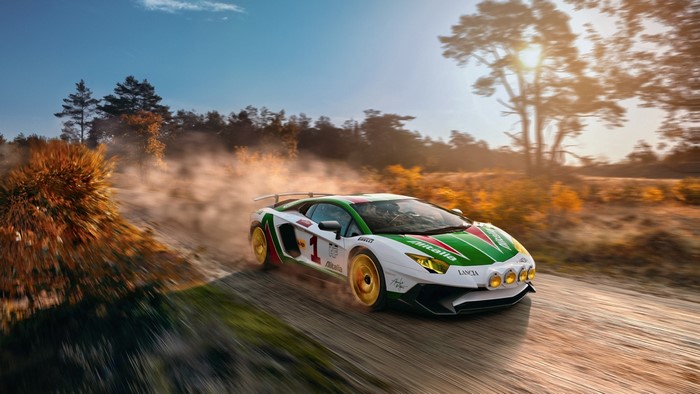 Lamborghini Aventador rally car on a dirt road