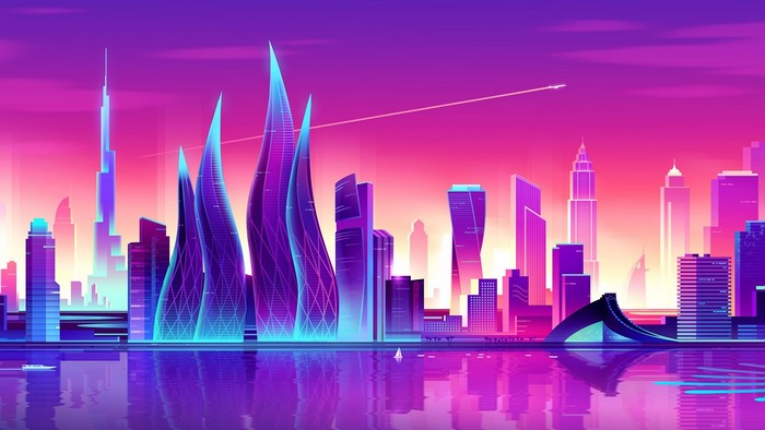 Futuristic city skyline at sunset with reflections