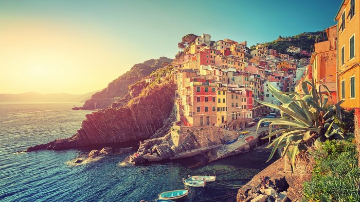 Riomaggiore, Italy coastal village at sunset
