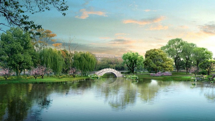 Japanese park with a bridge over a lake