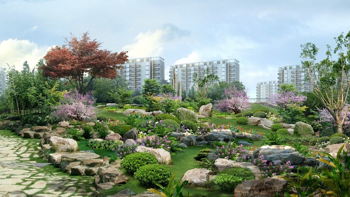 Japanese park with buildings in the background