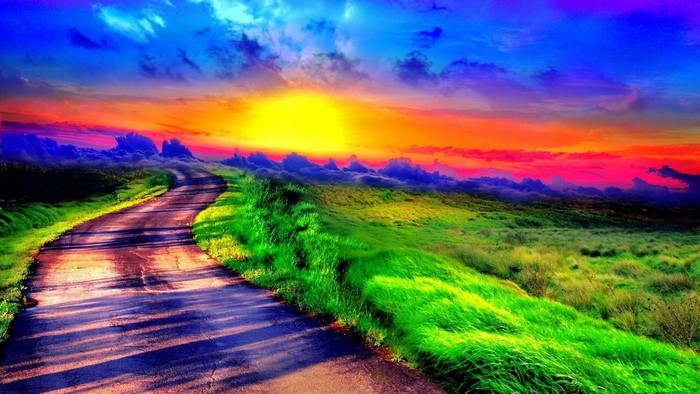 Road through green hills at sunset