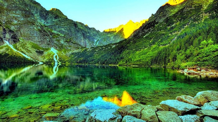 Mountains reflected in a clear lake