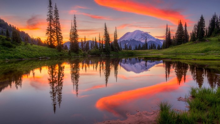 Mountain lake at sunset with reflection