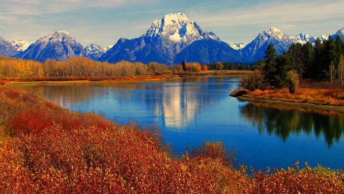 Red Autumn Mountains and River