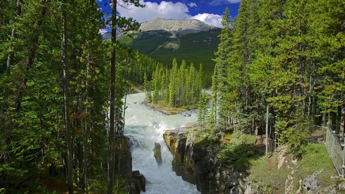 Waterfall and island in a mountain river