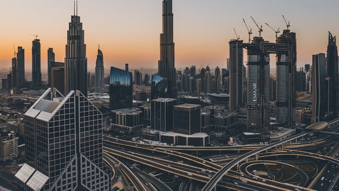 Dubai skyline with skyscrapers and highways