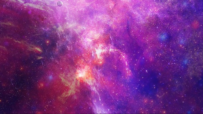Purple and red nebula with stars and a planet