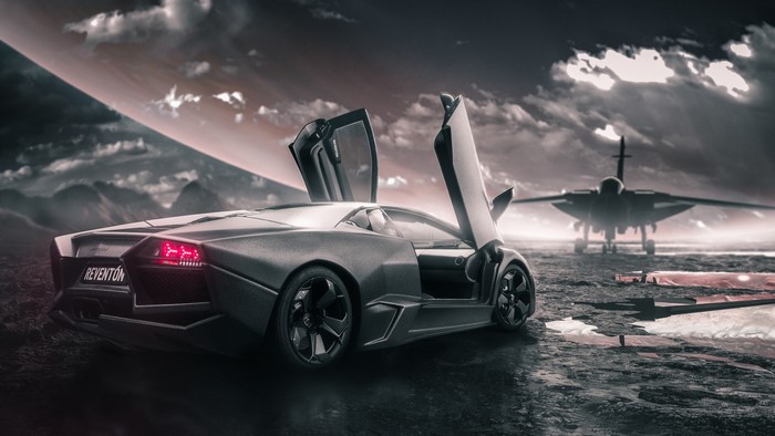 Lamborghini Reventon with fighter jet on alien planet