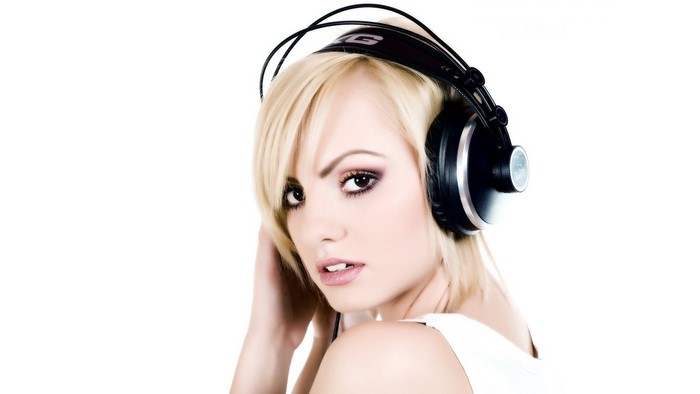 Woman wearing AKG headphones