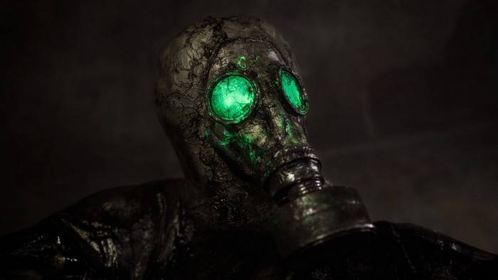 Chernobylite gas mask with glowing green eyes