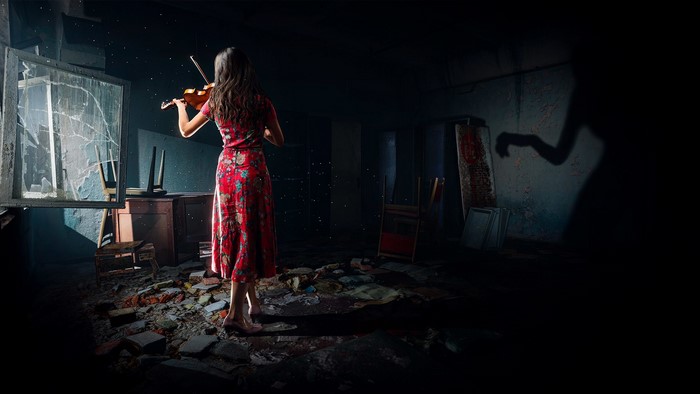 Woman playing violin in abandoned Chernobylite room