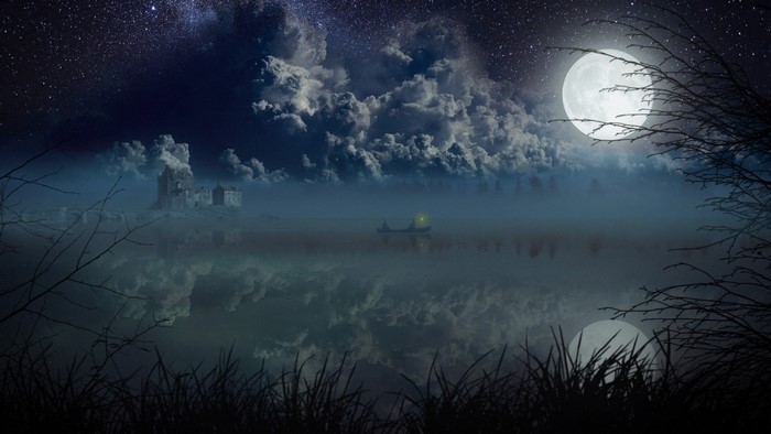 Night scene with castle, moon, and boat